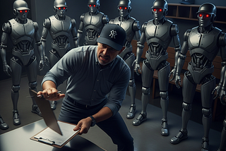 Baseball coach with robot players.
