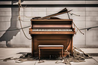 Photo shows a rickety piano haphazardly surrounded by rope.