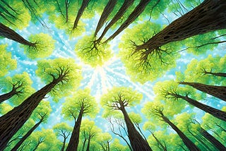 ‘Where Lull’s Are Really Made’ | Image of Painted Redwood Trees, Reaching For the Sky, as Seen from Below on a Bright Sunny Day with Light Clouds, Generated by Gustave Deresse | Writer; AI Artist in NightCafe; unedited