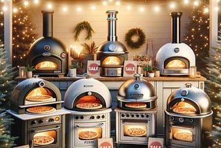 A selection of fantasy pizza ovens on sale for the holidays surrounded by festive lights and Christmas trees.