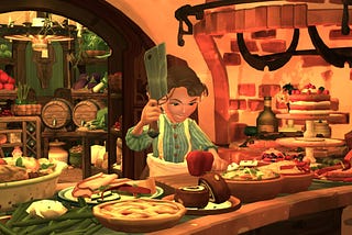 A lady hobbit gets ready to cut an apple with a comically large knife in the upcoming game Tales of the Shire.