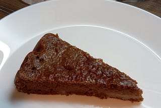 Pic of a piece of chocolate cake on a white plate, photo by author.