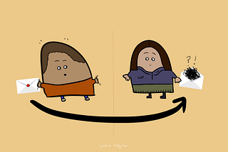 Two characters, the familiar one on the left, and another one wearing purple sweater and green skirt on the right. The character on the left is holding an envelope. The message is sent to the recipient, but gets distorted by communication barriers (slang, cultural intricacies). When opened, the letter is full of confusion.