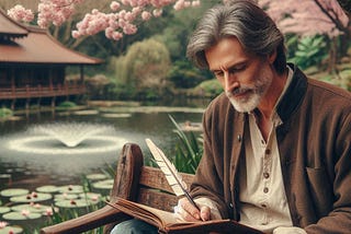 A man writing with a quill pen in a serene setting