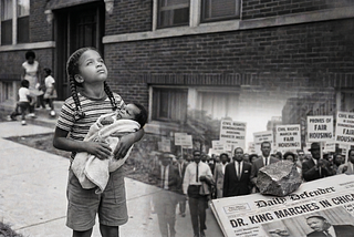 A black and white composite image showing a girl holding a baby and looking at the sky. Newspaper stating Dr. King Marches in Chicago with a rock on it. Protesters for fair housing.