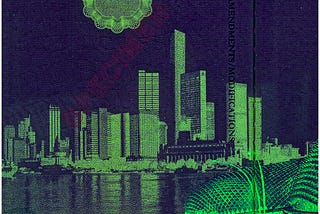 Singaporean biometric passport. Spread (page 2–3). Fragment in ultraviolet light (254 nm)