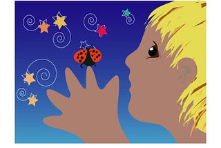 little boy looking up at the sky with a lady bug on his finger