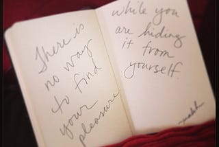 Small Moleskine notebook on a red velvet background with handwriting that says, “There is no way to find your pleasure while you are hiding it for yourself.” ~kahh