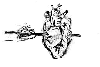 a drawing of a hand holding a skewer. a heart is impaled.