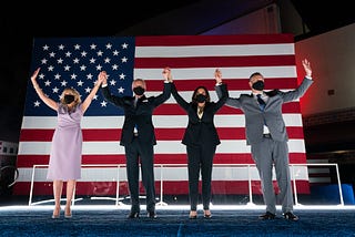 Biden’s acceptance of the Democratic Nomination. (Left to right) Jill Biden, Joe Biden, Kamala Harris & Douglas Emhoff, 8/20/20