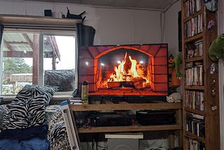 A cozy living room features a TV displaying a virtual fireplace, creating a warm atmosphere. Bookshelves filled with various items and a window with views of greenery add a homely touch.