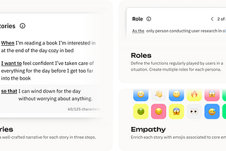 A preview of the story editor, roles, and empathy mapping using emojis from the Personify user interface.