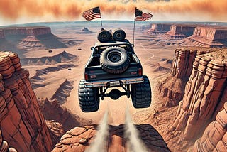 An SUV with large tires and two American flags is jumping off a cliff in a desert marked by red rock mesas and canyons.