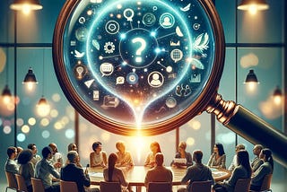An illustration depicting a diverse group of people engaged in conversation around a table, with notes and digital devices, seen through a large magnifying glass that emphasizes the dialogue with glowing lines, symbolizing the deep insights gained from qualitative research.