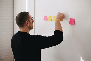 A man standing in front of a white wall with posted notes as he examines them.