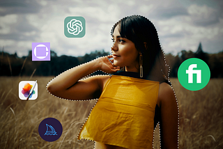 Woman in yellow top posing in a field with various app logos (ChatGPT, Claid, Fiverr, Pixelmator Pro, and MidJourney) floating around her.