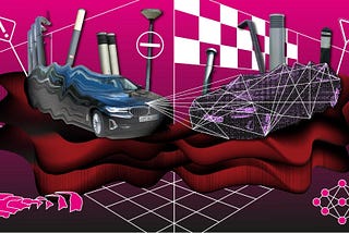 A wavy, fluid drawing of a car on the left is mirrored in a less detailed way on the right, with lines projecting out of the version on the left and linking different parts of the right representation together. Chimneys and road signs appear on a pink background. Pink elements at the bottom of each side contrast the fuidity of the one with the structure of the other.