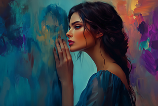 A woman in a blue dress leaning against a vivid, colorful wall, her face close to the surface, portraying deep thought and emotional connection.