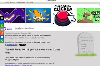 Results from a website predicting my lifespan based on certain inputs. It states I am noe 76 years, 10 months, and 1 day old and predicts a lifespan of 115 years, 5 months, and 0 days, ending on Sunday, July 1, 2063.