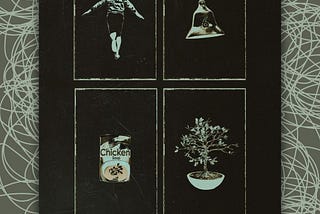 The weapons movie poster upper left small child running with arms out, upper right bell, lower left chicken soup can, lower right bonzai tree