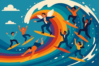A colourful digital illustration shows a group of angel investors surfing a giant, curling rainbow barrel wave. Some wear suits, others are dressed casually in jeans, jumpers, or T-shirts, reflecting their mix of experience levels — from professional investors to friends and family backers. The wave arcs dramatically across the image, with vibrant stripes of red, orange, yellow, green, blue, and purple. One investor has cartoon angel wings, symbolising the “angel” role. The mood is joyful and en