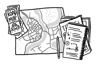 Illustration of road maps, notebook, pencil and travel books.