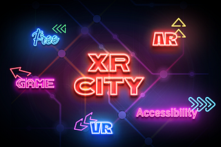 Neon signs and arrows including “XR city”, “AR”, “VR”, “Accessiblity”, “Game”, and “free”, in subway map background.