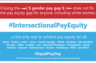 Closing the gender pay gap does not fix the pay equity gap for anyone. #IntersectionalPayEquity is the only way to achieve pay equity for all, including white women. Black, Native, Latinx, Asian, Pacific Islander, White, Disabled, Not Disabled, Younger, Older, Lesbian, Gay, Bisexual/Pansexual, Transgender, Queer, Intersex, Asexual, Heterosexual, Female, Nonbinary, Male, and More. #EqualPayDay. CC BY-SA Elizabeth Johansen. Learn more at http://bit.ly/intersectionalpayequity