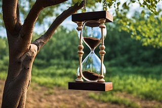 Image of a large hourglass swinging from the branch of a tree.
