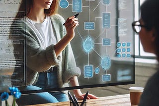 A data product manager annotating something on the screen that looks like a data model and another person is looking at what she is drawing