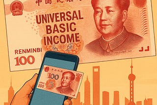 IMAGE: An illustration showing a hand holding a smartphone with a digital 100 Yuan bill, while a large physical 100 Yuan note floats above, set against the Shanghai skyline at sunset