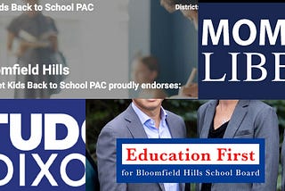 Collage of logos for BHS “slate” candidates, “Moms for Liberty,” “Get Kids Back to School PAC” and Tudor Dixon