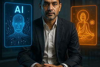 A hyper-realistic digital photograph of a South Asian CXO standing in a futuristic office, half illuminated by cool-toned AI interfaces and data streams, while the other half glows with warm light, showing sacred symbols and a serene natural background. His expression is calm yet focused, symbolizing the fusion of technological mastery and inner spiritual depth — the essence of the future hybrid leader.