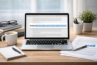 A wide, softly lit desk scene featuring an open laptop at the centre displaying a document with a highlighted blue hyperlink. Around it are neatly arranged research papers, a pen, a notebook, a coffee mug, and a small potted plant. The composition emphasizes credible, evidence‑based writing through visual cues of research and organization.