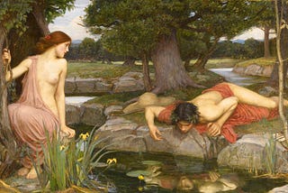 Painting of Echo watching Narcissus contemplating and falling in love with his own reflexion as told in the Greek mythology