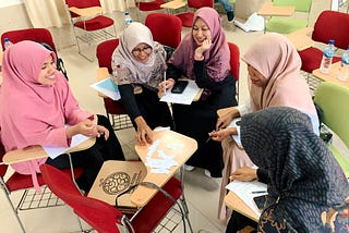 Five women sitting in desks in a circle, doing an activity with strips of paper. They are taking part in World Learning’s English Learning Teacher Training program.