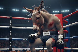 This is an AI-generated image of a donkey depicted as a professional boxer, sitting in his corner, dazed and bruised. His belt says ‘2024’.