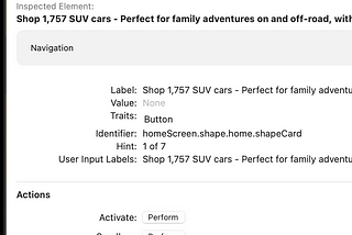 The simulator (Accessibility Inspector) is open with the shop-by-shape car card targeted. The simulator previews the content labels and hint text assigned to the element.