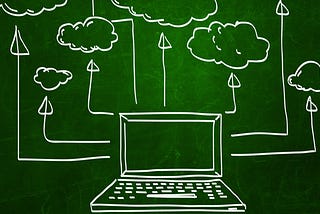 Drawing of a laptop on a green background with arrows pointing upwards to the clouds. https://tdwi.org/articles/2018/12/14/a