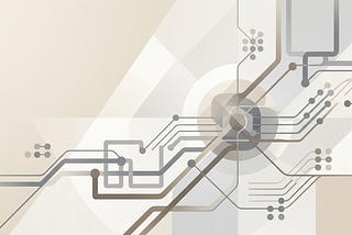 A minimalist abstract technical illustration featuring a network of intersecting circuit lines, nodes, and geometric overlays in a palette of beige, white, and soft gray.