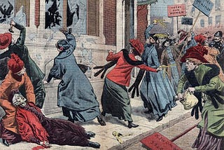 A magazine illustration of suffragettes smashing windows with hammers and bricks during a demonstration, 1912