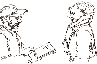 Sketch of researcher talking to woman on the street