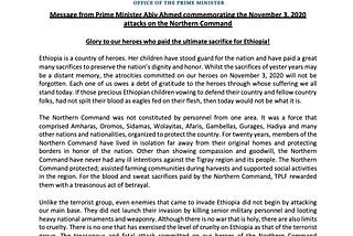 Message from Prime Minister Abiy Ahmed commemorating the November 3, 2020 attacks on the Northern…