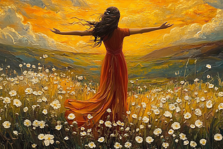 A woman wearing a long orange dress stands in a meadow filled with white and yellow flowers, arms spread wide, looking toward sunset.
