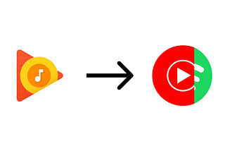 Google play music icon with an arrow pointing to Youtube Music’s logo with the Spotify logo being revealed behind it