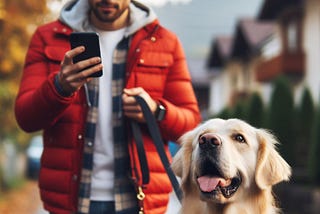human walking a dog while reading his smartphone
