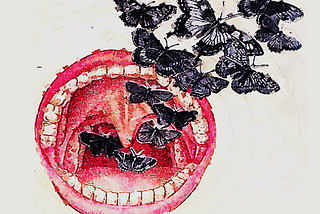 drawing of black butterflies coming out of a wide open mouth