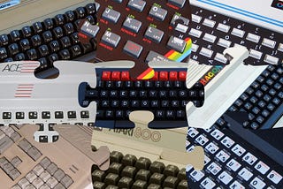 A collage of 9 partial images of vintage computers in the shape of jigsaw pieces. Commodore 64, Sinclair ZX Spectrum, Oric-1, Jupiter ACE, BBC Master, Dragon 32, Commodore Amiga 500, Atari 800, Sinclair ZX81.