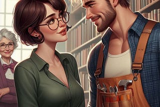 A mousy-looking but pretty woman with brown hair in a bob hairstyle and wearing horn-rimmed glasses stands in a library talking with a handsome, rugged-looking man, with a carpenter’s tool belt slung over his shoulder. The mood is flirtatious and sweet. In the background is an elderly lady, the librarian. She is looking on with a knowing smile.