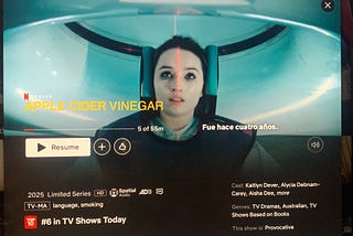 Screenshot from the show Apple Cider Vinegar. A woman lays down in an MRI tube.